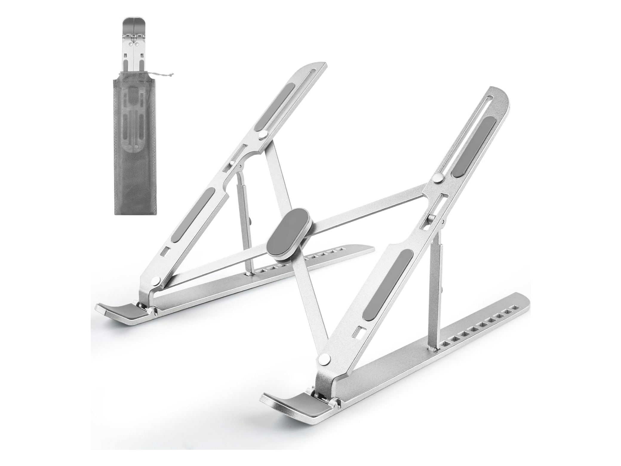 Riseform Pro Stand in aluminium silver, unfolded with its carry pouch
