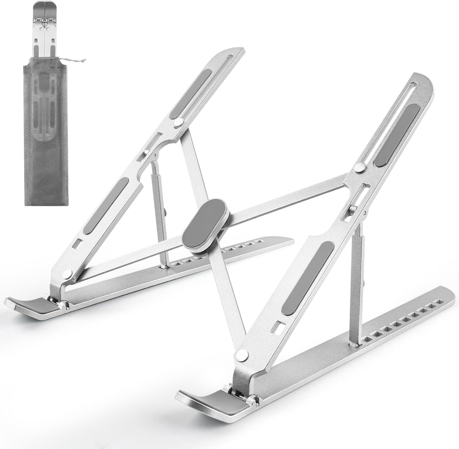 Riseform Pro Stand in aluminium silver, unfolded with its carry pouch
