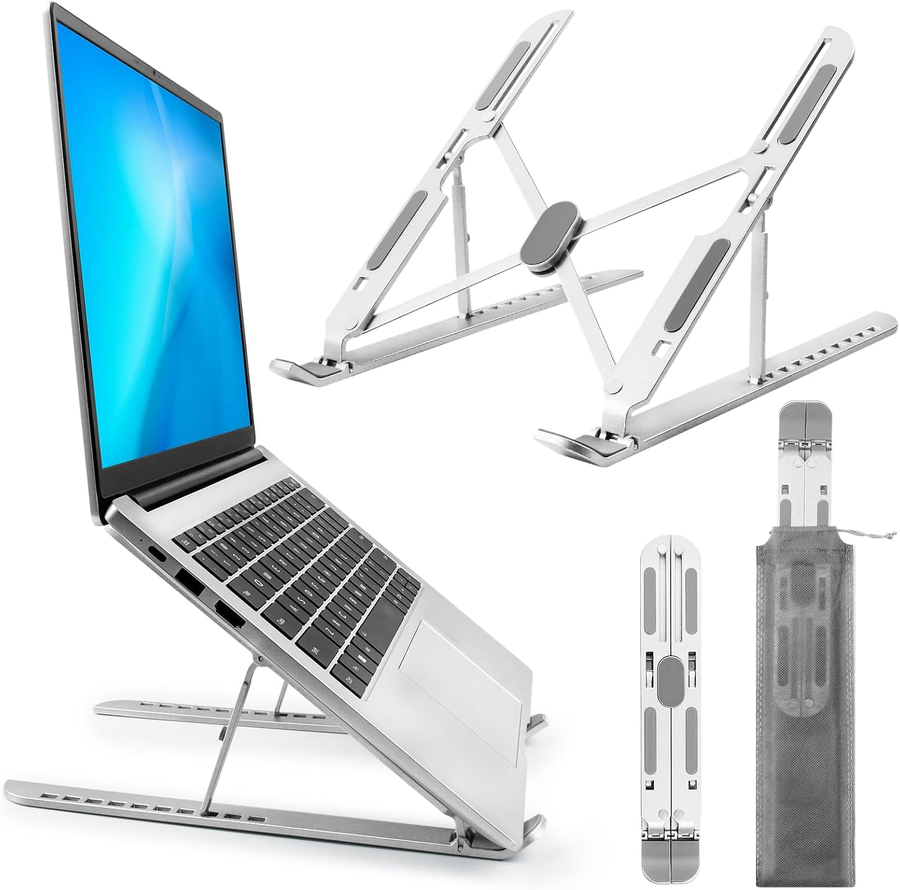 The stand holding a laptop beside the folded stand and pouch