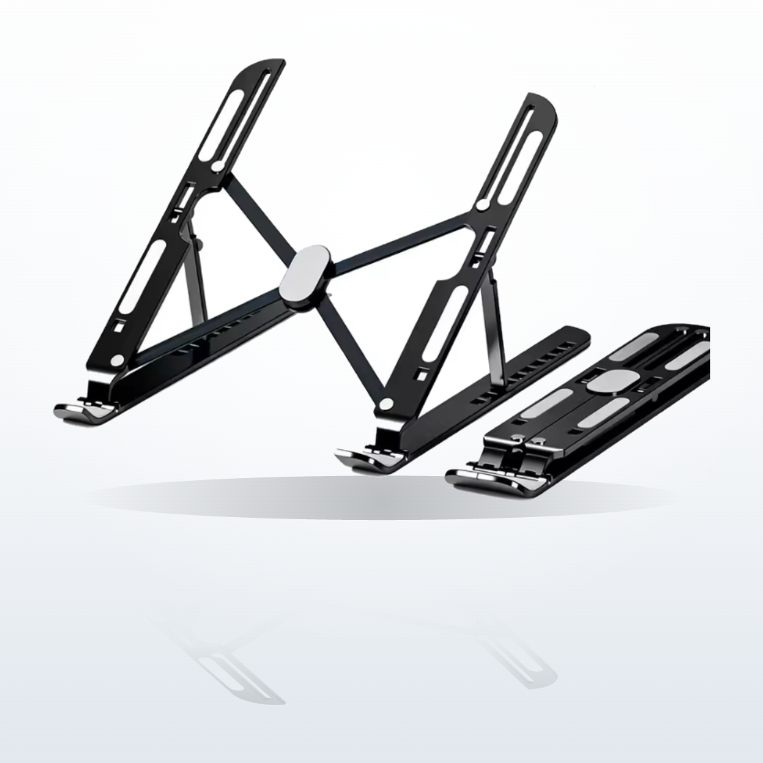 Obsidian Black stand unfolded, folded flat, and holding a laptop